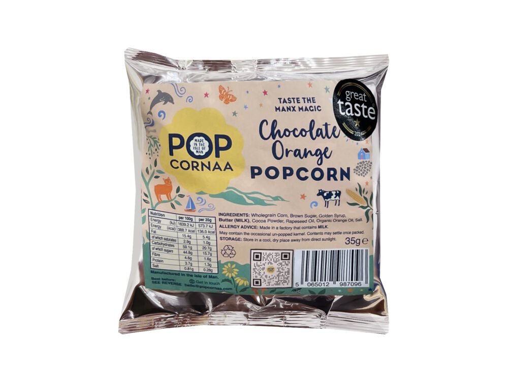 35g bag of Popcornaa's award-winning Chocolate Orange popcorn snack, featuring a delicious blend of chocolate and orange flavour.