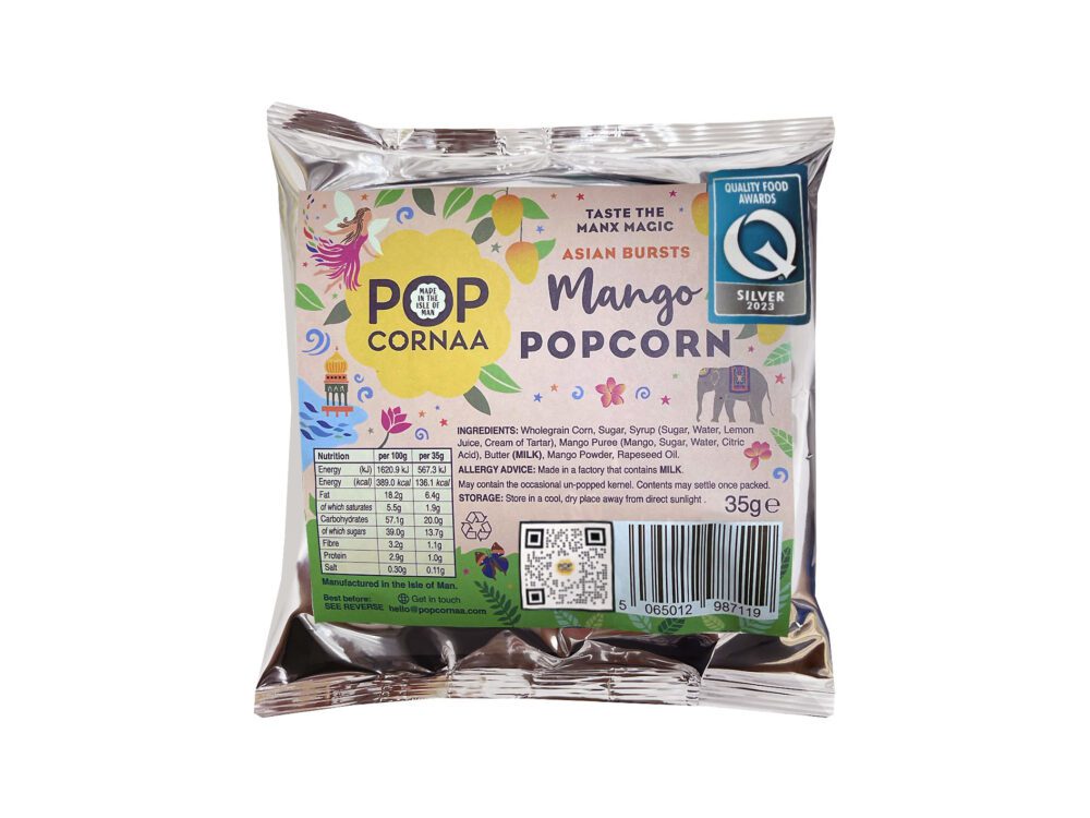 35g bag of PopCornaa Asian Mango popcorn snack, featuring vibrant packaging and a tropical mango flavour.