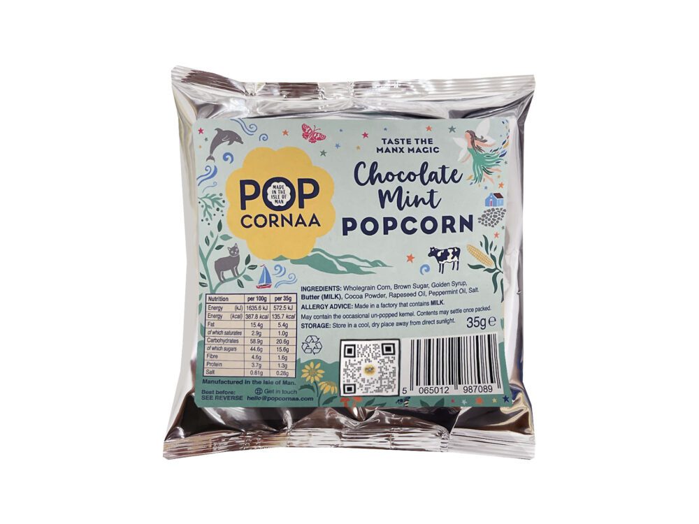 A 35g bag of PopCornaa Chocolate Mint Popcorn, featuring vibrant packaging.