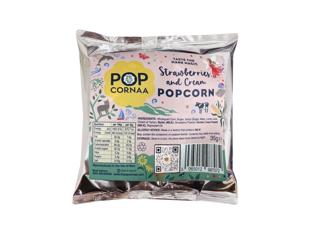 A Limited Edition 35g bag of PopCornaa Strawberry & Cream Popcorn, featuring vibrant packaging. The design highlights the sweet and creamy flavor combination, making it a perfect treat for indulgent snacking.