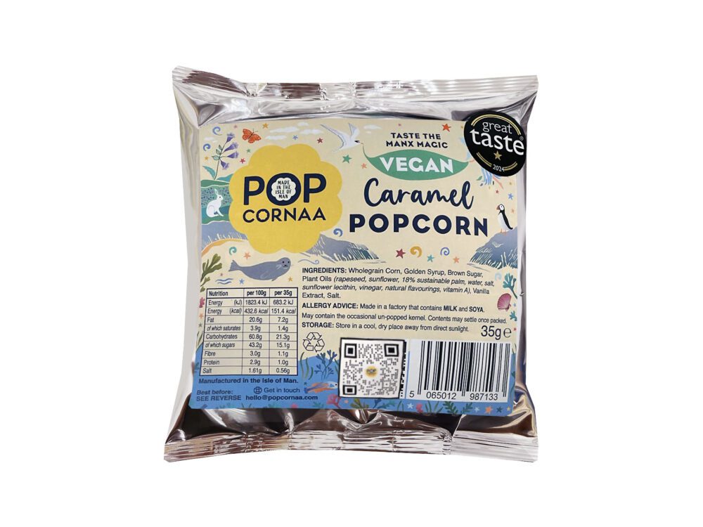 A 35g bag of award-winning PopCornaa Vegan Caramel Popcorn, featuring vibrant packaging with bold text highlighting the perfect balance of sweet and crunchy caramel flavor. The bag proudly emphasizes the vegan and award-winning qualities of the product.