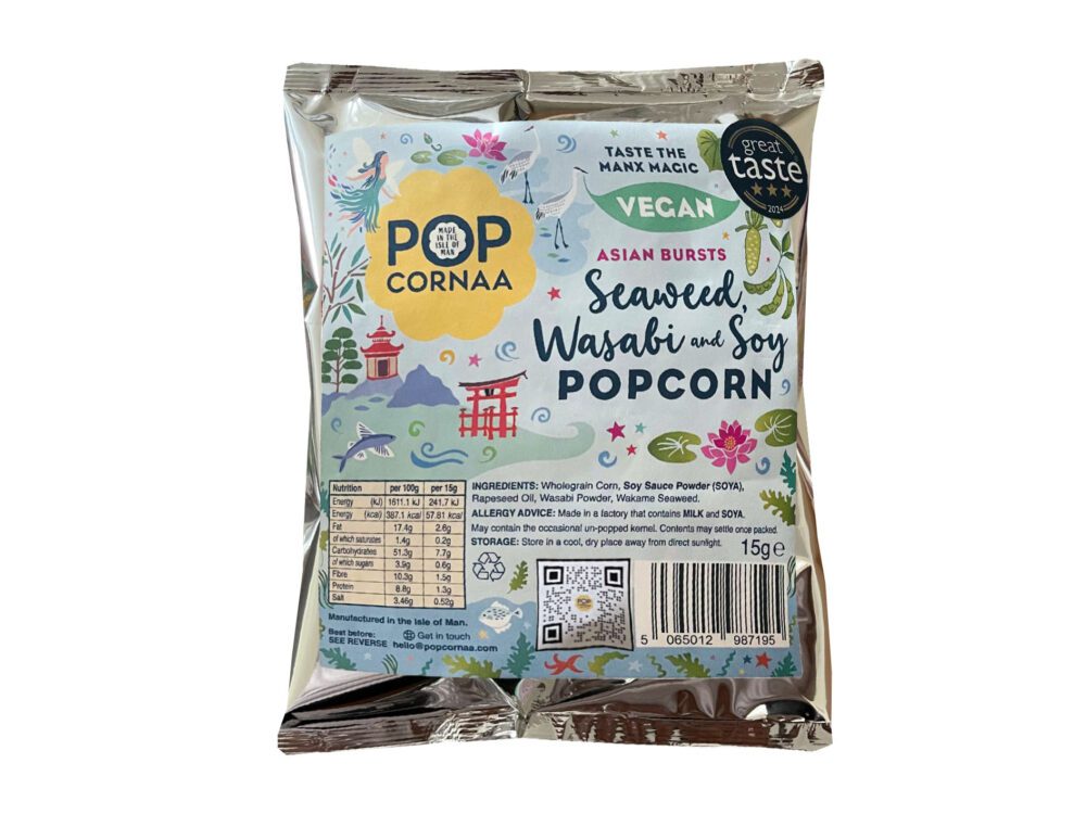 A 15g bag of PopCornaa Vegan Seaweed, Wasabi & Soy Popcorn, featuring vibrant packaging with an image of the delicious popcorn. The bag highlights the bold flavors of seaweed, wasabi, and soy, perfect for a quick, savory snack on the go.